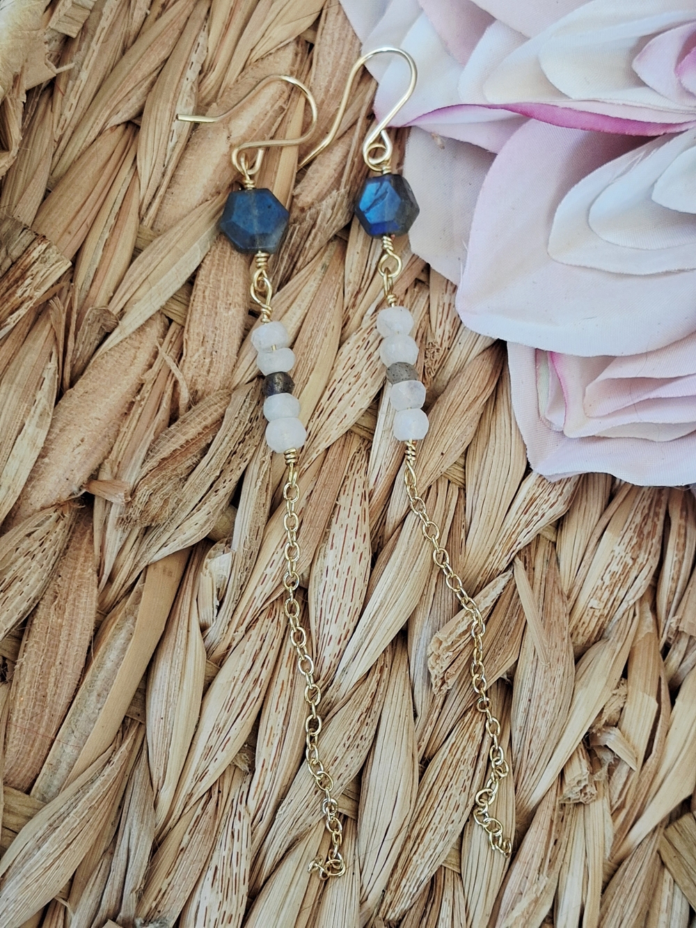 Gold Drop Earrings with Labrodite And Moonstone